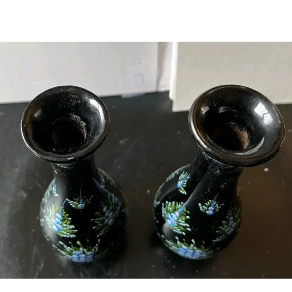 Vintage Japanese Black Lacquer Bud Vases Set of 2 Hand Painted Blue Floral